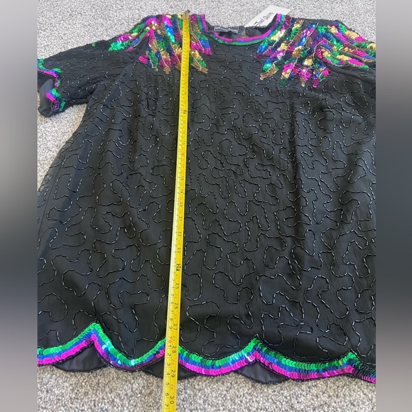 Vintage Double Queen 100% Pure Silk Handmade Sequin Short Sleeve Top In Size XL - Picture 3 of 9